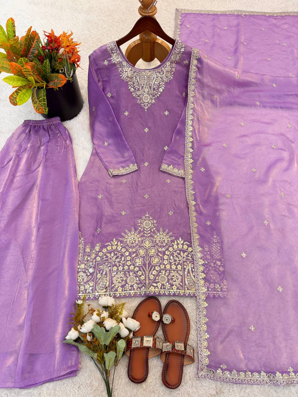Opulent Purple Color Embroidered Palazzo Suit With Dupatta