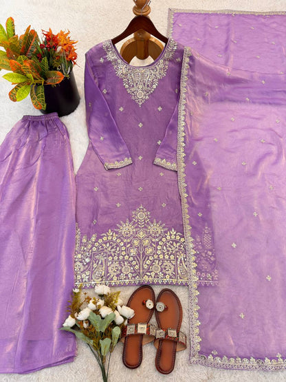 Opulent Purple Color Embroidered Palazzo Suit With Dupatta