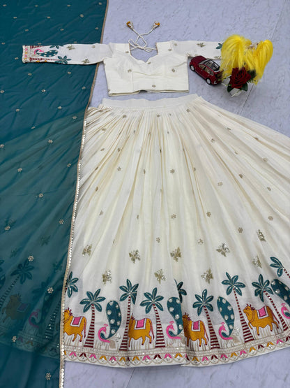 Navratri Wear Off White Color Pure Cotton Heavy Embroidery Thread And Sequence Work Lehenga Choli