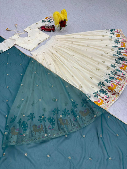 Navratri Wear Off White Color Pure Cotton Heavy Embroidery Thread And Sequence Work Lehenga Choli