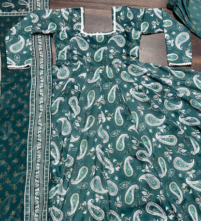 Party Wear Green Color Maslin Fabric Digital Print Work Anarkali Suit