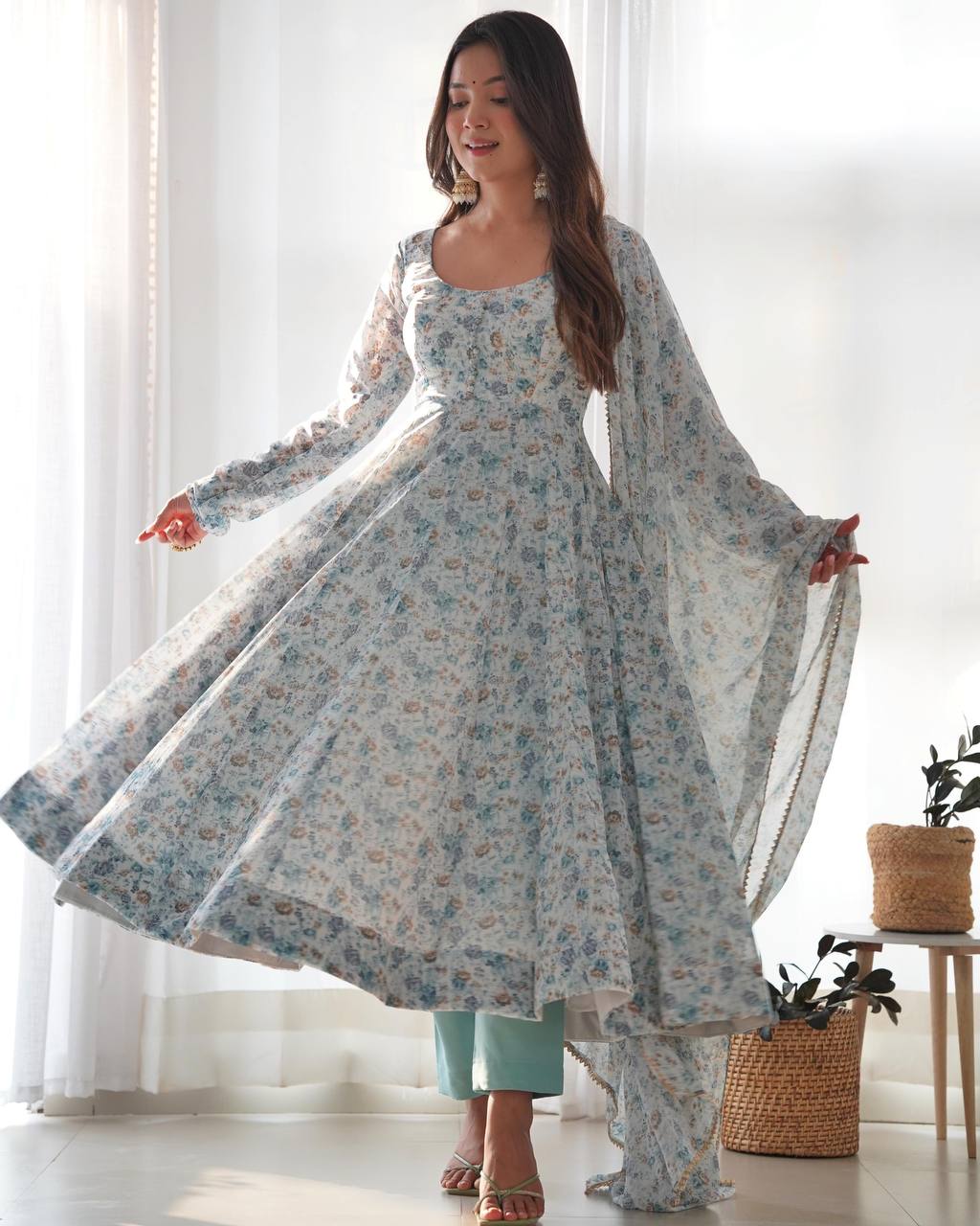 Wedding Wear Sky Blue Chiffon Floral Print Fully-Flared Anarkali Set