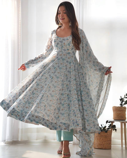 Wedding Wear Sky Blue Chiffon Floral Print Fully-Flared Anarkali Set