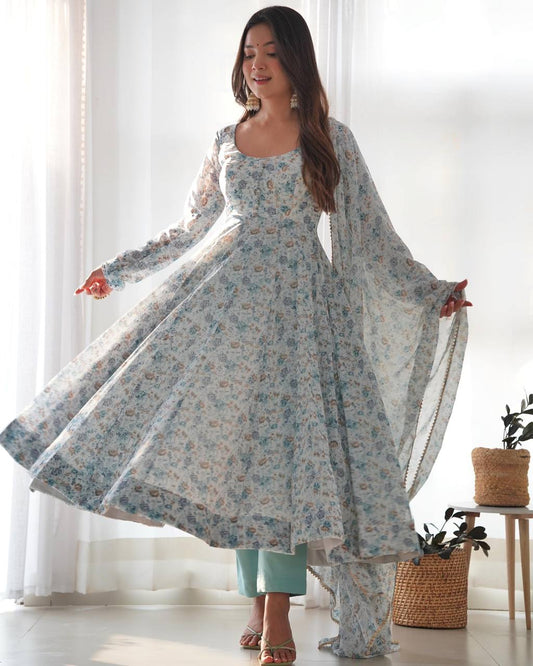 Wedding Wear Sky Blue Chiffon Floral Print Fully-Flared Anarkali Set