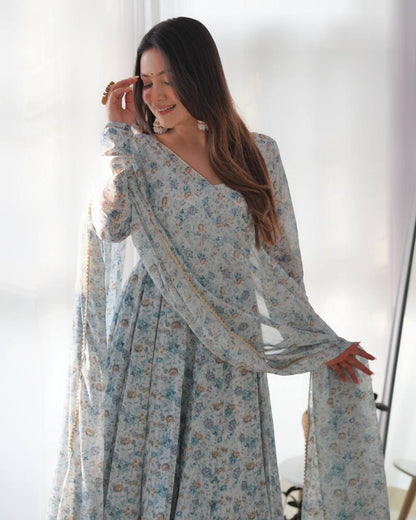 Wedding Wear Sky Blue Chiffon Floral Print Fully-Flared Anarkali Set