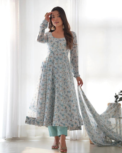 Wedding Wear Sky Blue Chiffon Floral Print Fully-Flared Anarkali Set