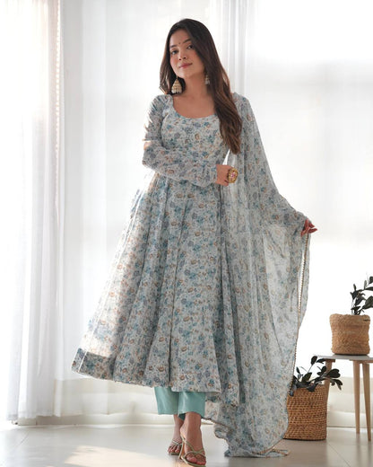 Wedding Wear Sky Blue Chiffon Floral Print Fully-Flared Anarkali Set