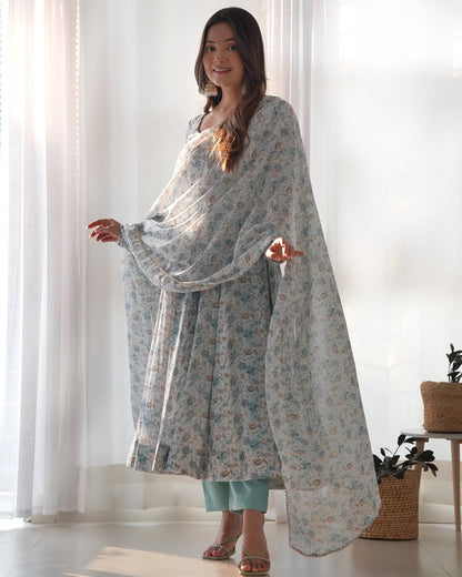 Wedding Wear Sky Blue Chiffon Floral Print Fully-Flared Anarkali Set
