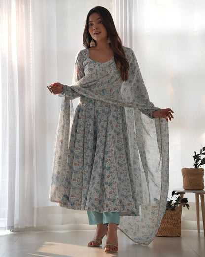 Wedding Wear Sky Blue Chiffon Floral Print Fully-Flared Anarkali Set