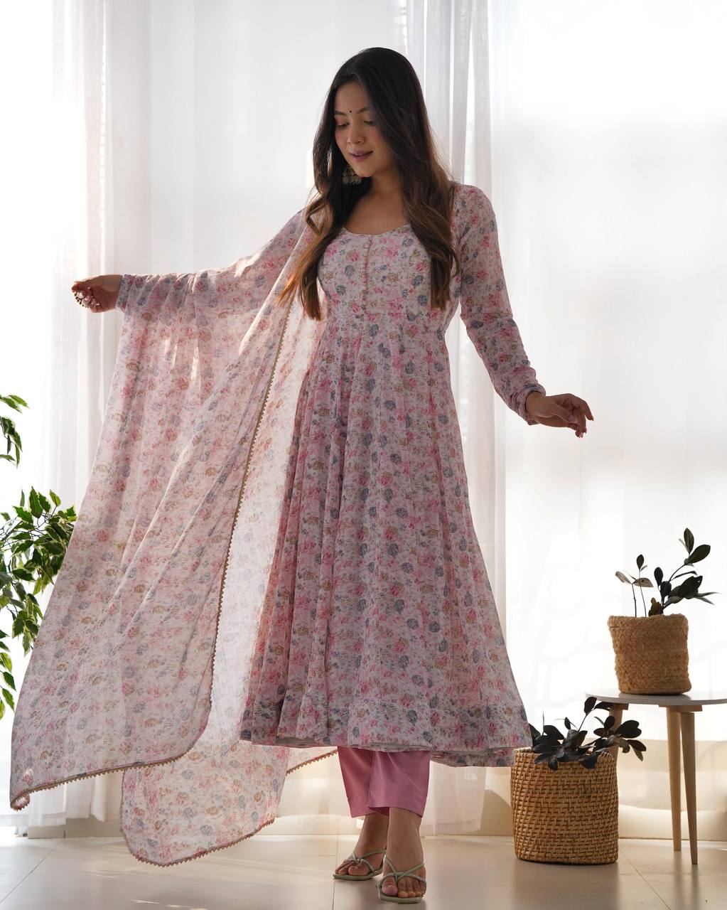 Wedding Wear Pink Color Floral Print Fully-Flared Anarkali Set