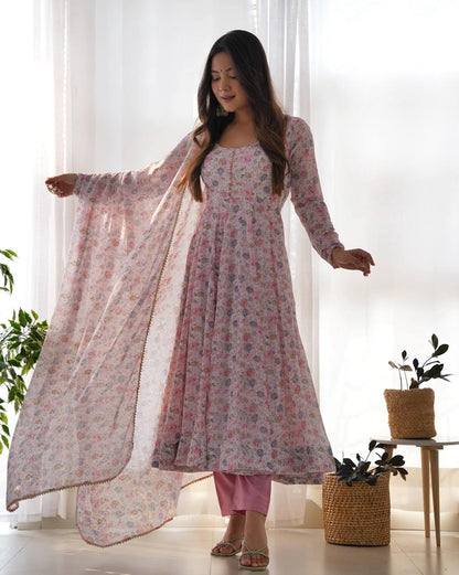 Wedding Wear Pink Color Floral Print Fully-Flared Anarkali Set