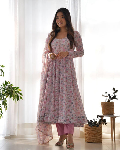 Wedding Wear Pink Color Floral Print Fully-Flared Anarkali Set