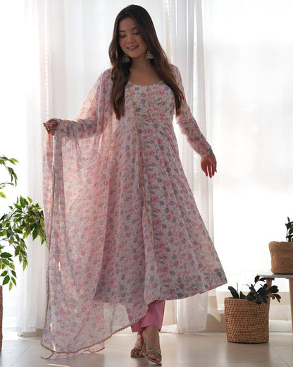 Wedding Wear Pink Color Floral Print Fully-Flared Anarkali Set