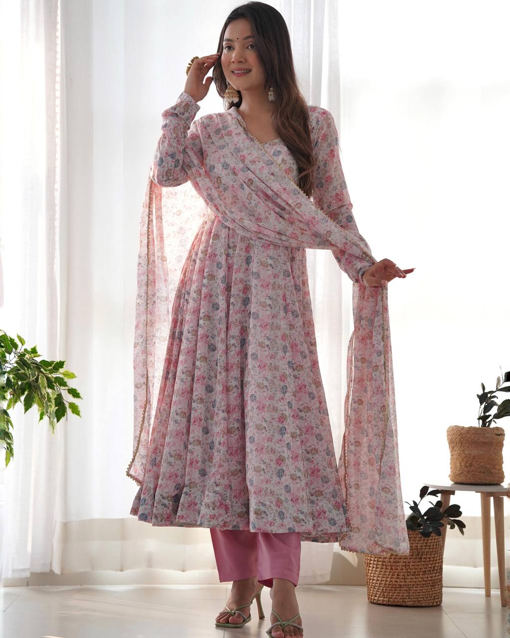 Wedding Wear Pink Color Floral Print Fully-Flared Anarkali Set