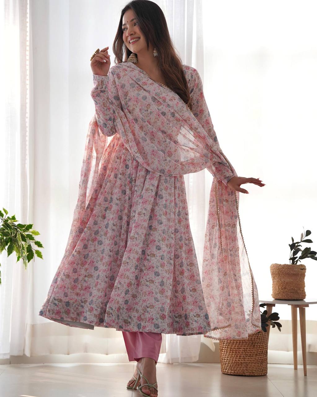 Wedding Wear Pink Color Floral Print Fully-Flared Anarkali Set