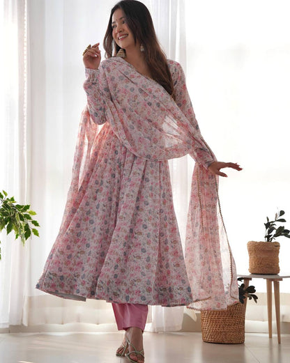 Wedding Wear Pink Color Floral Print Fully-Flared Anarkali Set