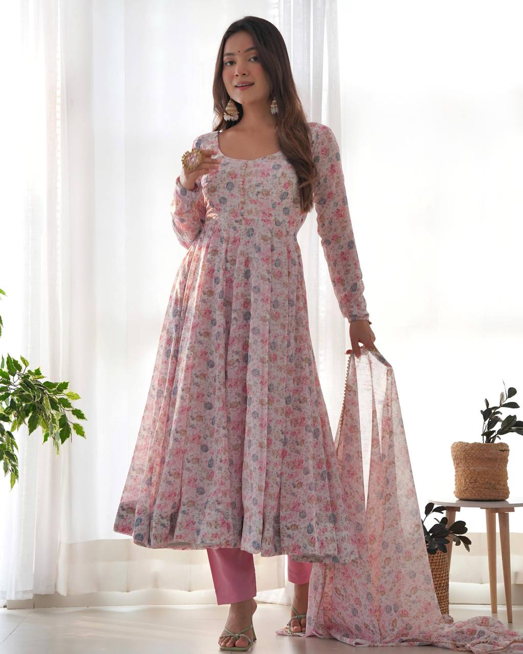 Wedding Wear Pink Color Floral Print Fully-Flared Anarkali Set
