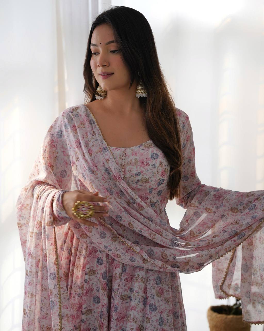 Wedding Wear Pink Color Floral Print Fully-Flared Anarkali Set