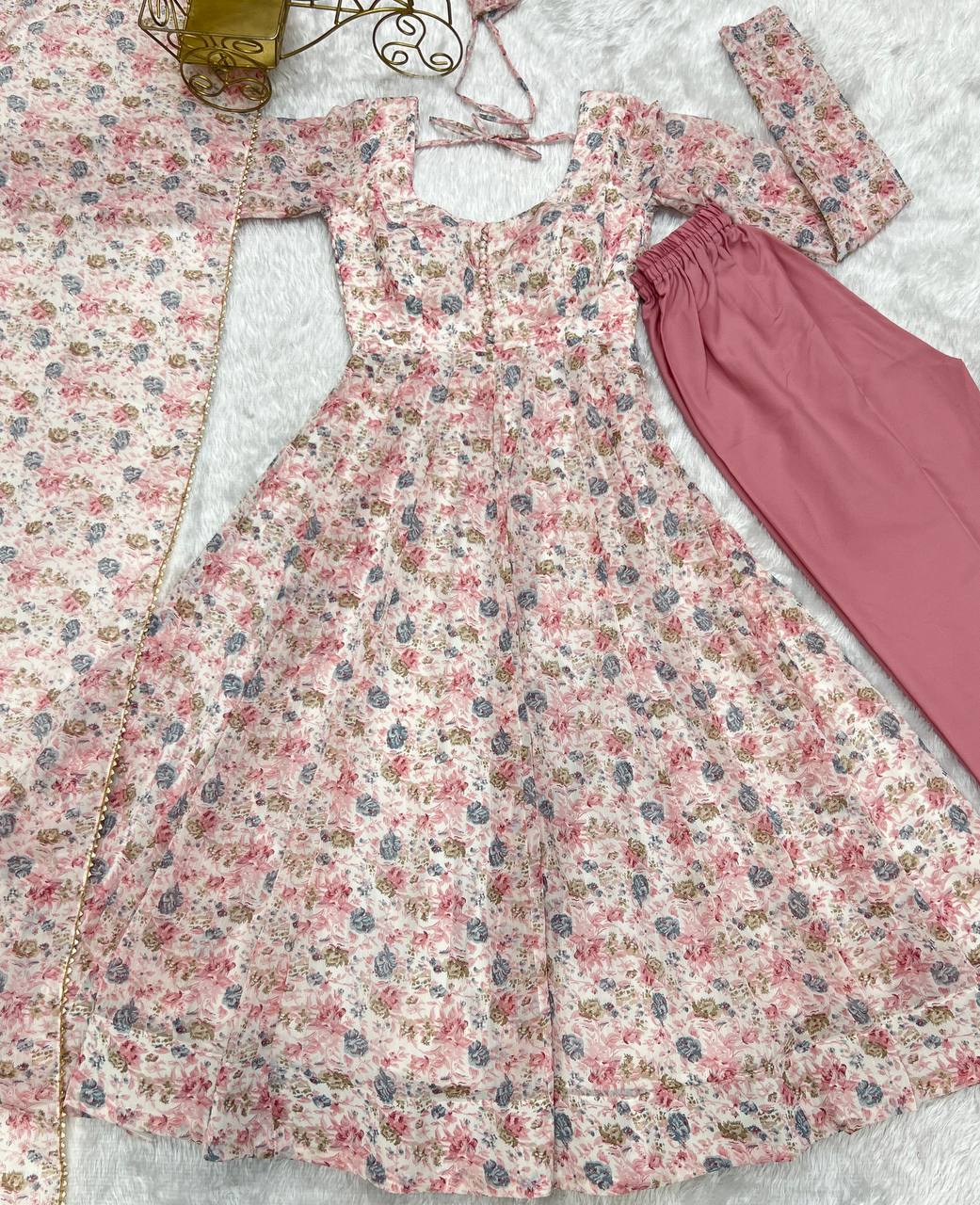 Wedding Wear Pink Color Floral Print Fully-Flared Anarkali Set