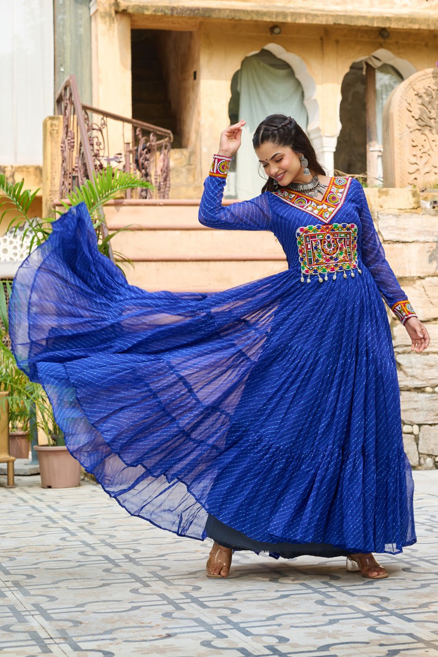 Traditional Wear Blue Color Faux Georgette With Laheriya Printed Kutchi Patchwork Navratri Gown