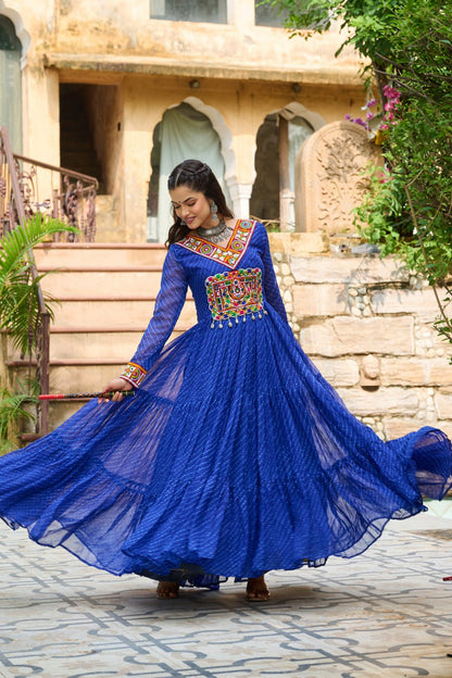 Traditional Wear Blue Color Faux Georgette With Laheriya Printed Kutchi Patchwork Navratri Gown