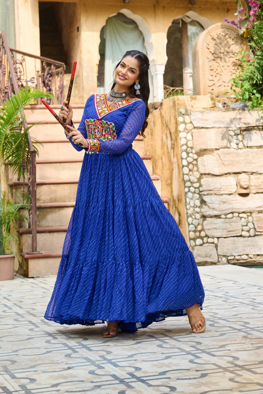 Traditional Wear Blue Color Faux Georgette With Laheriya Printed Kutchi Patchwork Navratri Gown