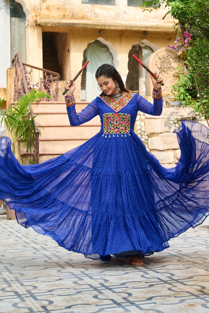 Traditional Wear Blue Color Faux Georgette With Laheriya Printed Kutchi Patchwork Navratri Gown