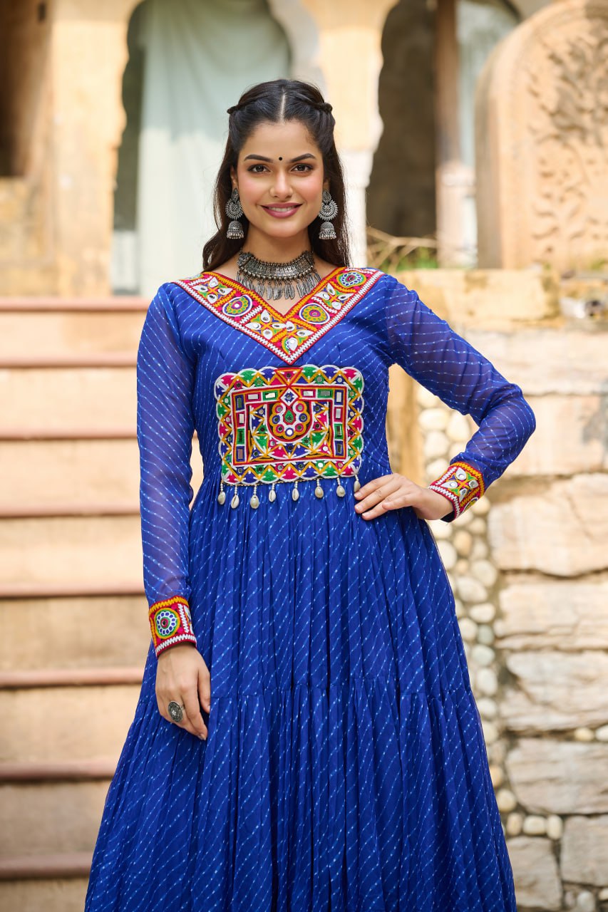 Traditional Wear Blue Color Faux Georgette With Laheriya Printed Kutchi Patchwork Navratri Gown