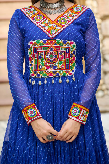 Traditional Wear Blue Color Faux Georgette With Laheriya Printed Kutchi Patchwork Navratri Gown