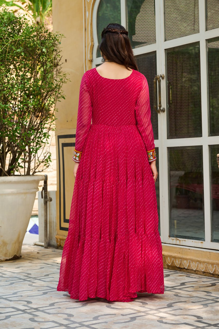 Traditional Wear Pink Color Faux Georgette With Laheriya Printed Kutchi Patchwork Navratri Gown