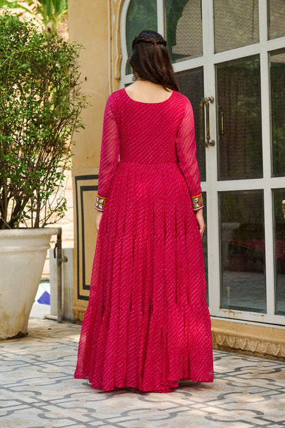 Traditional Wear Pink Color Faux Georgette With Laheriya Printed Kutchi Patchwork Navratri Gown