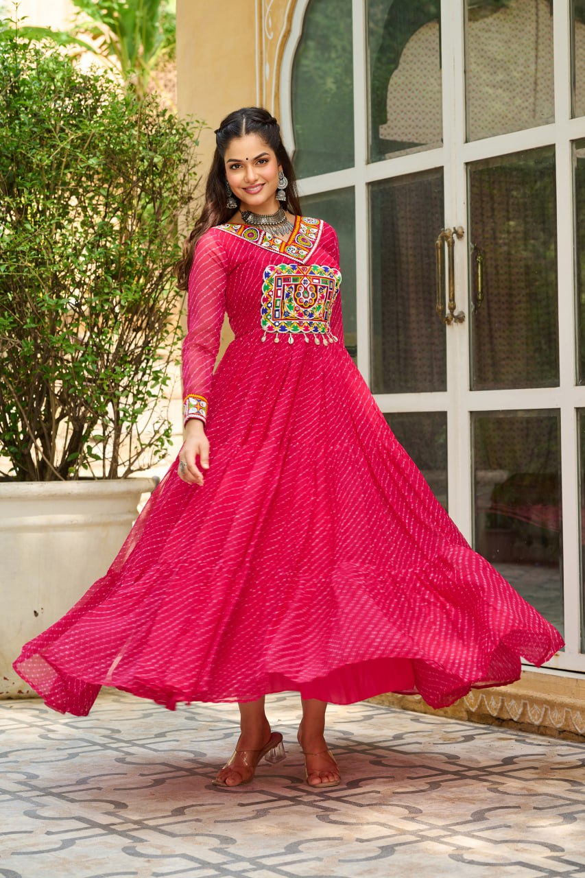 Traditional Wear Pink Color Faux Georgette With Laheriya Printed Kutchi Patchwork Navratri Gown