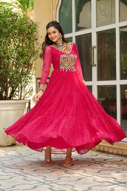 Traditional Wear Pink Color Faux Georgette With Laheriya Printed Kutchi Patchwork Navratri Gown