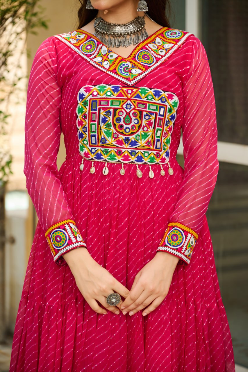 Traditional Wear Pink Color Faux Georgette With Laheriya Printed Kutchi Patchwork Navratri Gown