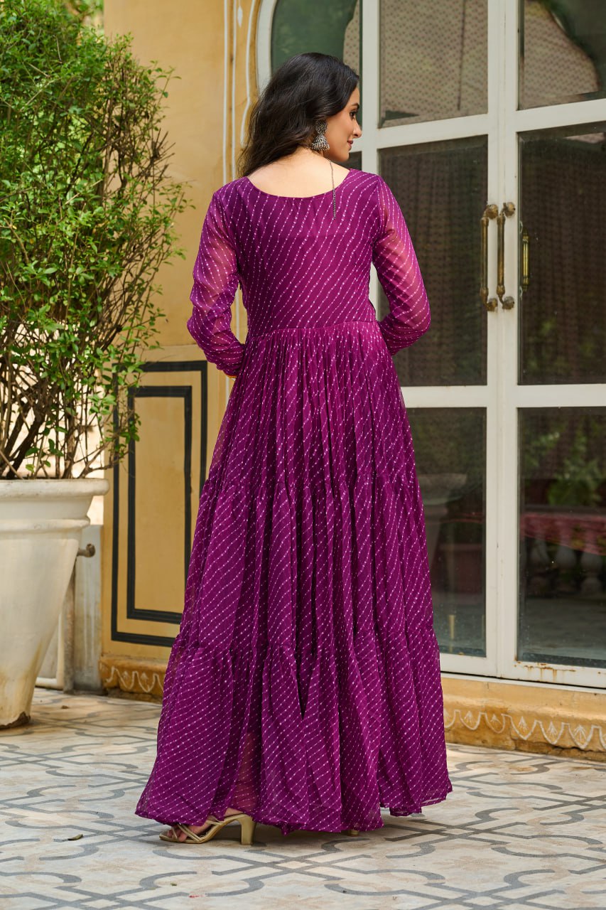 Traditional Wear Wine Color Faux Georgette With Laheriya Printed Kutchi Patchwork Navratri Gown