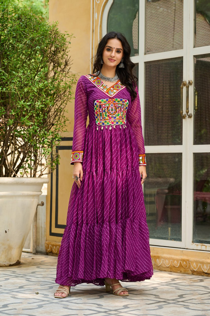 Traditional Wear Wine Color Faux Georgette With Laheriya Printed Kutchi Patchwork Navratri Gown