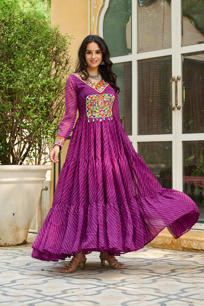 Traditional Wear Wine Color Faux Georgette With Laheriya Printed Kutchi Patchwork Navratri Gown