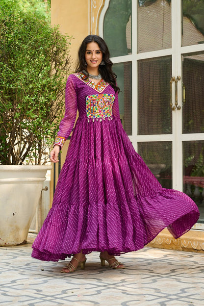 Traditional Wear Wine Color Faux Georgette With Laheriya Printed Kutchi Patchwork Navratri Gown