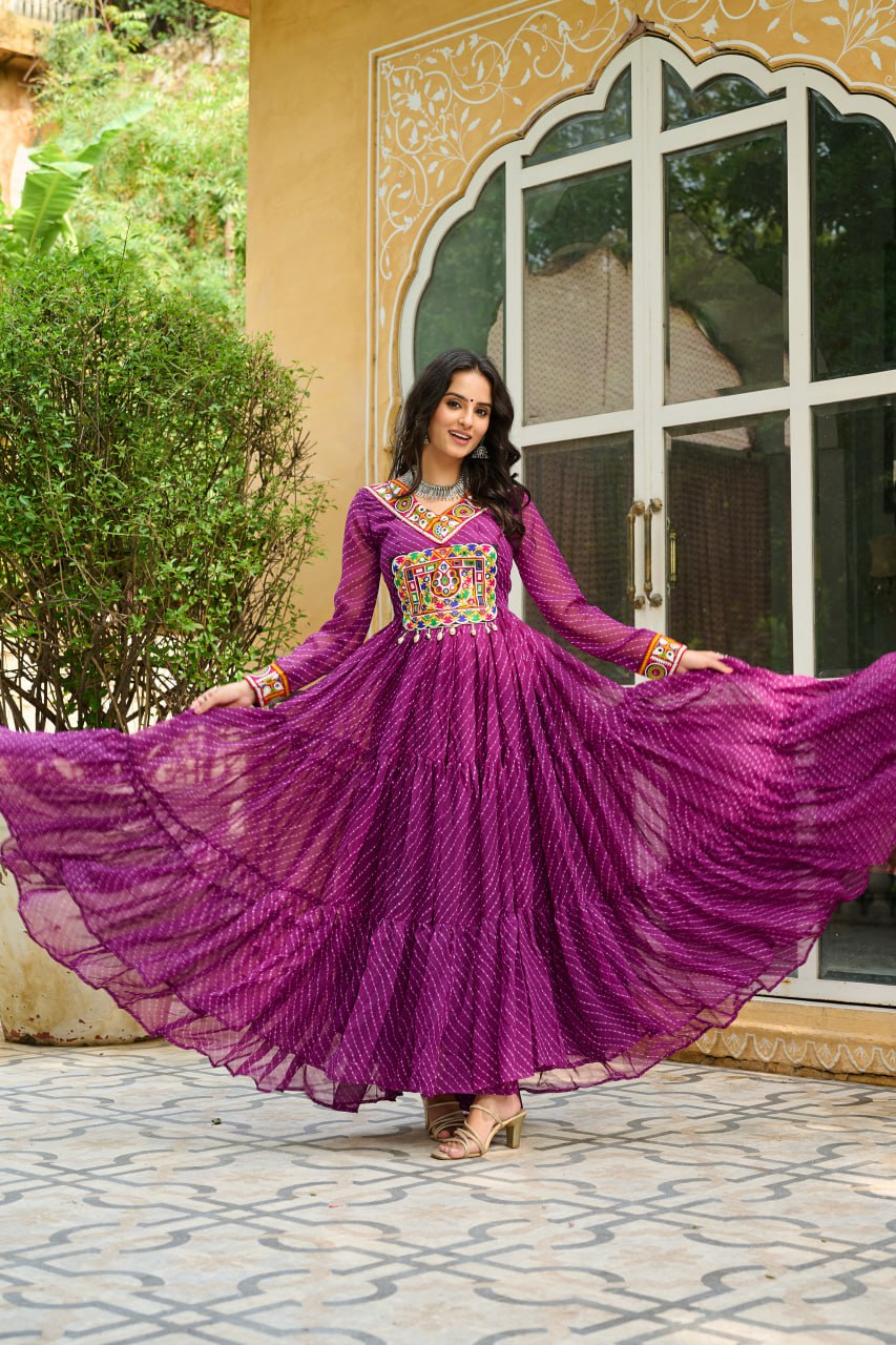 Traditional Wear Wine Color Faux Georgette With Laheriya Printed Kutchi Patchwork Navratri Gown