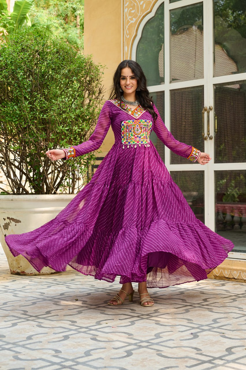 Traditional Wear Wine Color Faux Georgette With Laheriya Printed Kutchi Patchwork Navratri Gown