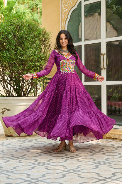 Traditional Wear Wine Color Faux Georgette With Laheriya Printed Kutchi Patchwork Navratri Gown