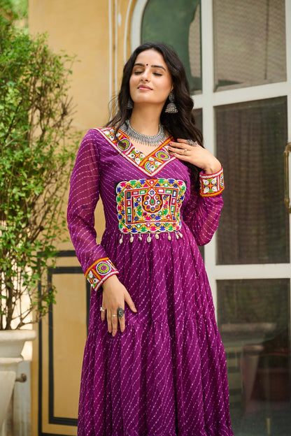 Traditional Wear Wine Color Faux Georgette With Laheriya Printed Kutchi Patchwork Navratri Gown