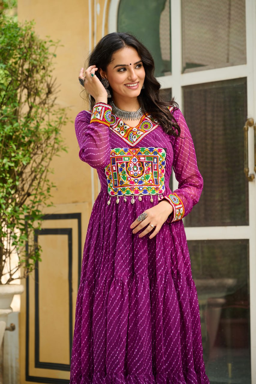 Traditional Wear Wine Color Faux Georgette With Laheriya Printed Kutchi Patchwork Navratri Gown