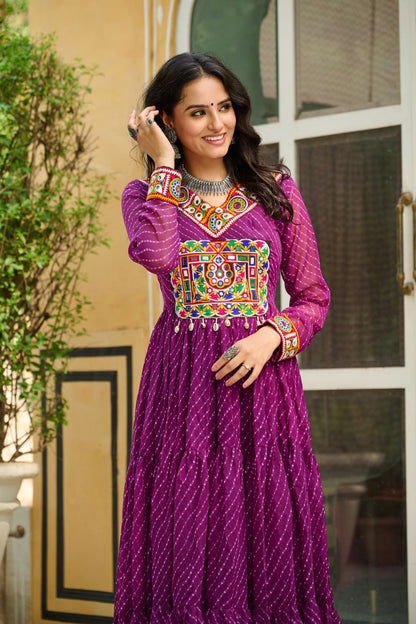 Traditional Wear Wine Color Faux Georgette With Laheriya Printed Kutchi Patchwork Navratri Gown