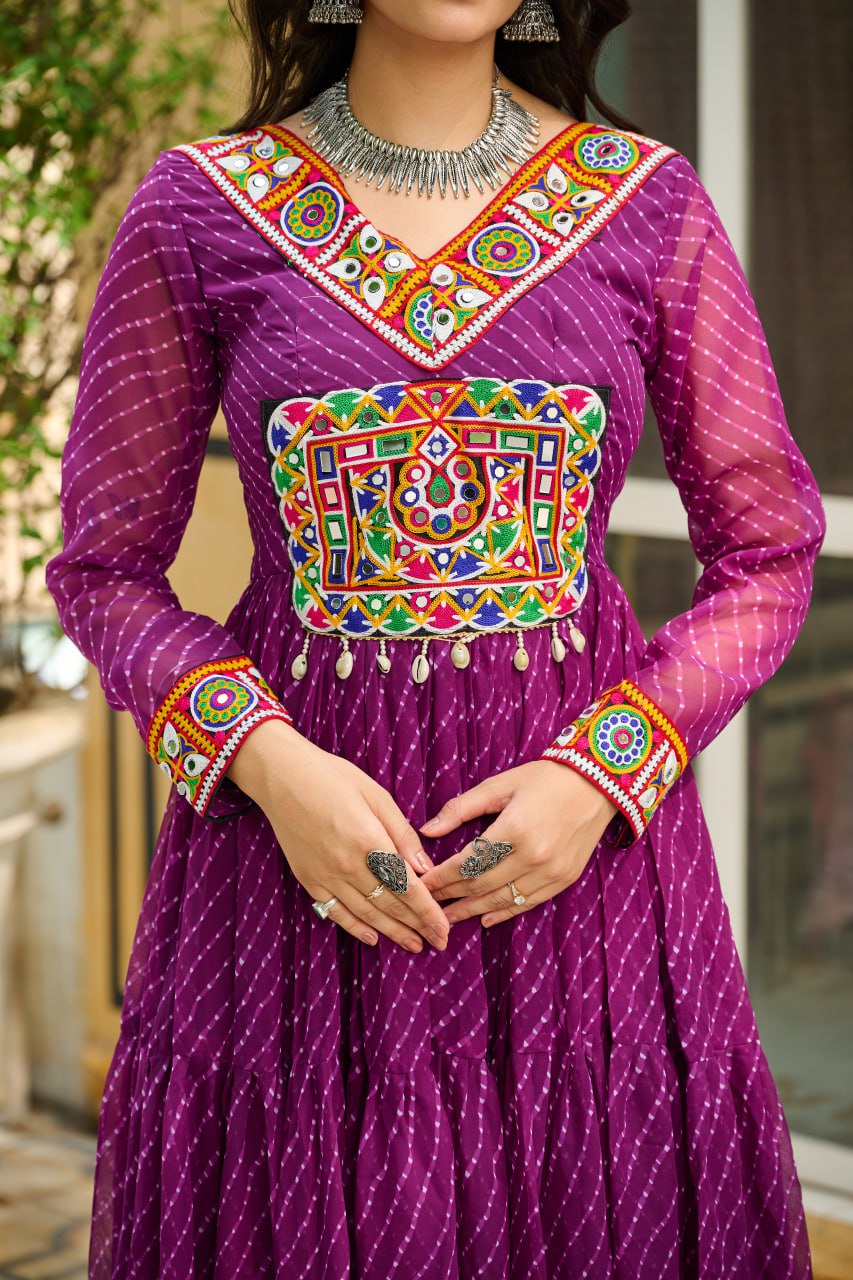 Traditional Wear Wine Color Faux Georgette With Laheriya Printed Kutchi Patchwork Navratri Gown