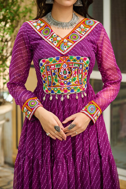 Traditional Wear Wine Color Faux Georgette With Laheriya Printed Kutchi Patchwork Navratri Gown