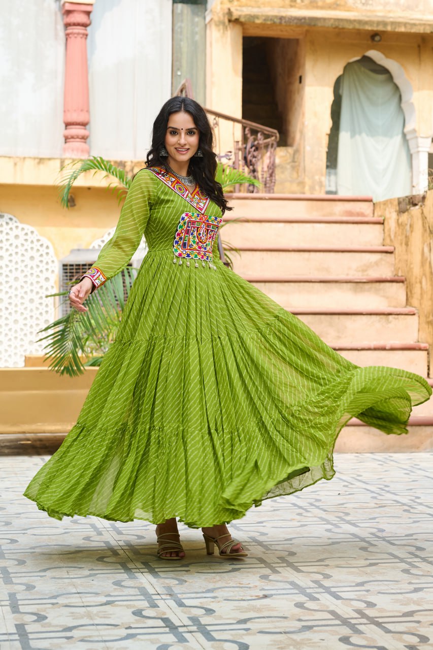 Traditional Wear Green Color Faux Georgette With Laheriya Printed Kutchi Patchwork Navratri Gown