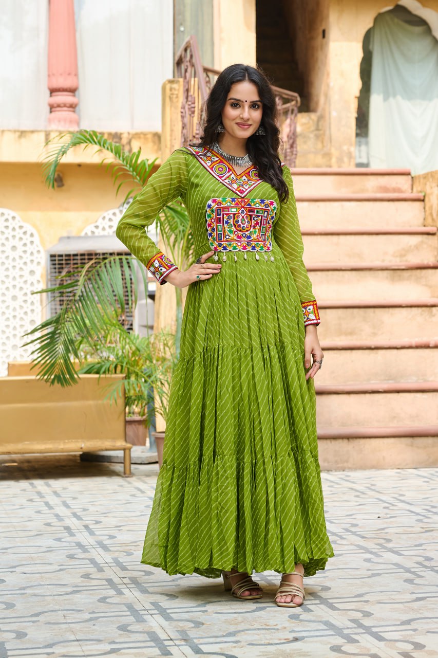 Traditional Wear Green Color Faux Georgette With Laheriya Printed Kutchi Patchwork Navratri Gown
