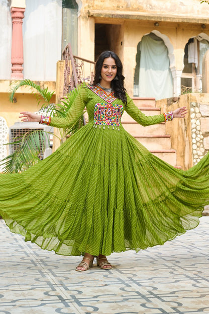 Traditional Wear Green Color Faux Georgette With Laheriya Printed Kutchi Patchwork Navratri Gown