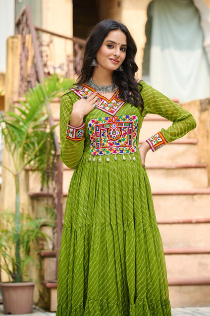 Traditional Wear Green Color Faux Georgette With Laheriya Printed Kutchi Patchwork Navratri Gown